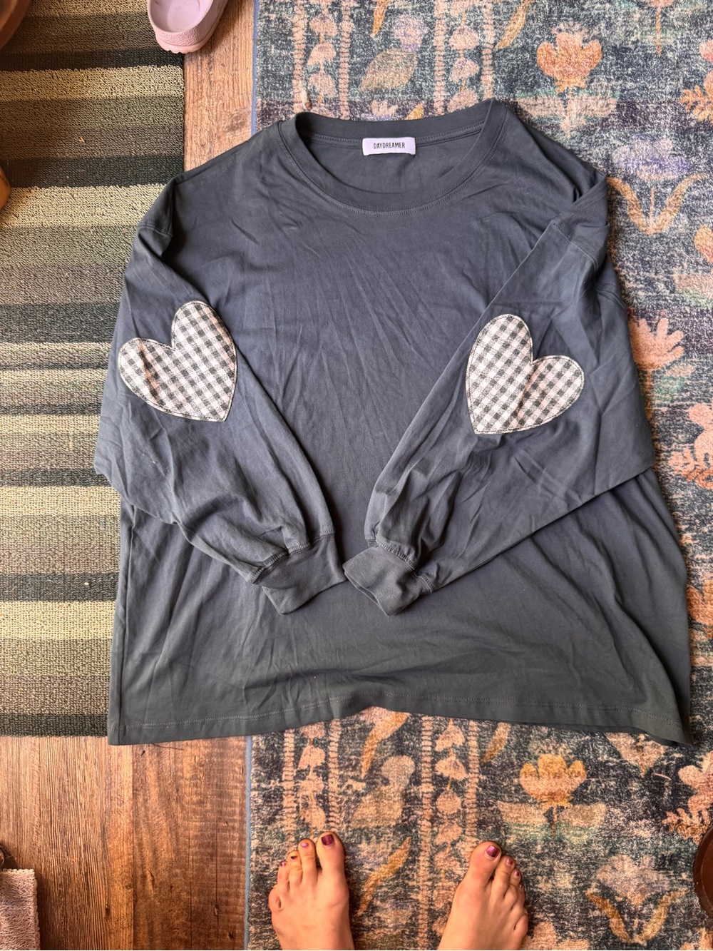 Daydreamer One Size Charcoal Long Sleeve Tee with Gingham Heart Elbow Patches